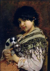 Zigeunermädchen mit zwei Welpen